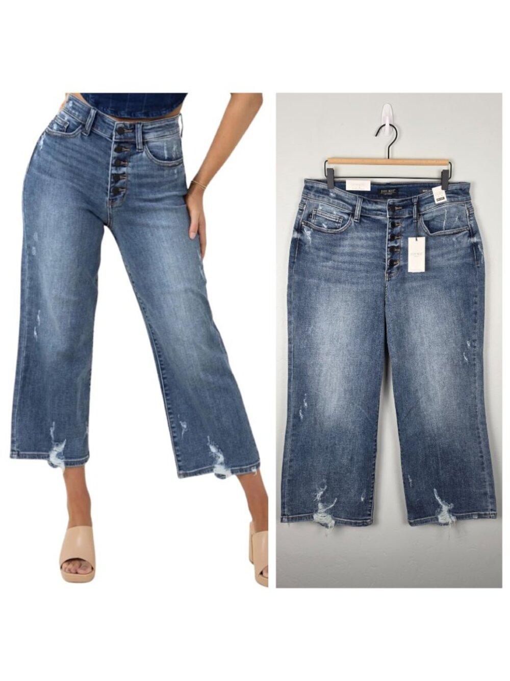 Judy Blue Wide Leg Crop Jeans Stretch Button Fly Distressed Blue Size 16W NEW